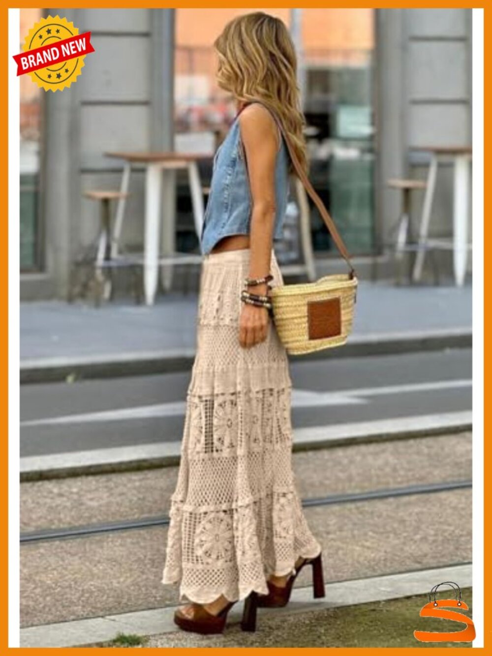 Women's Lace Crochet Knit Maxi Boho Skirt A-Line Eyelet Flowy Long Skirt - Picture 3 of 3